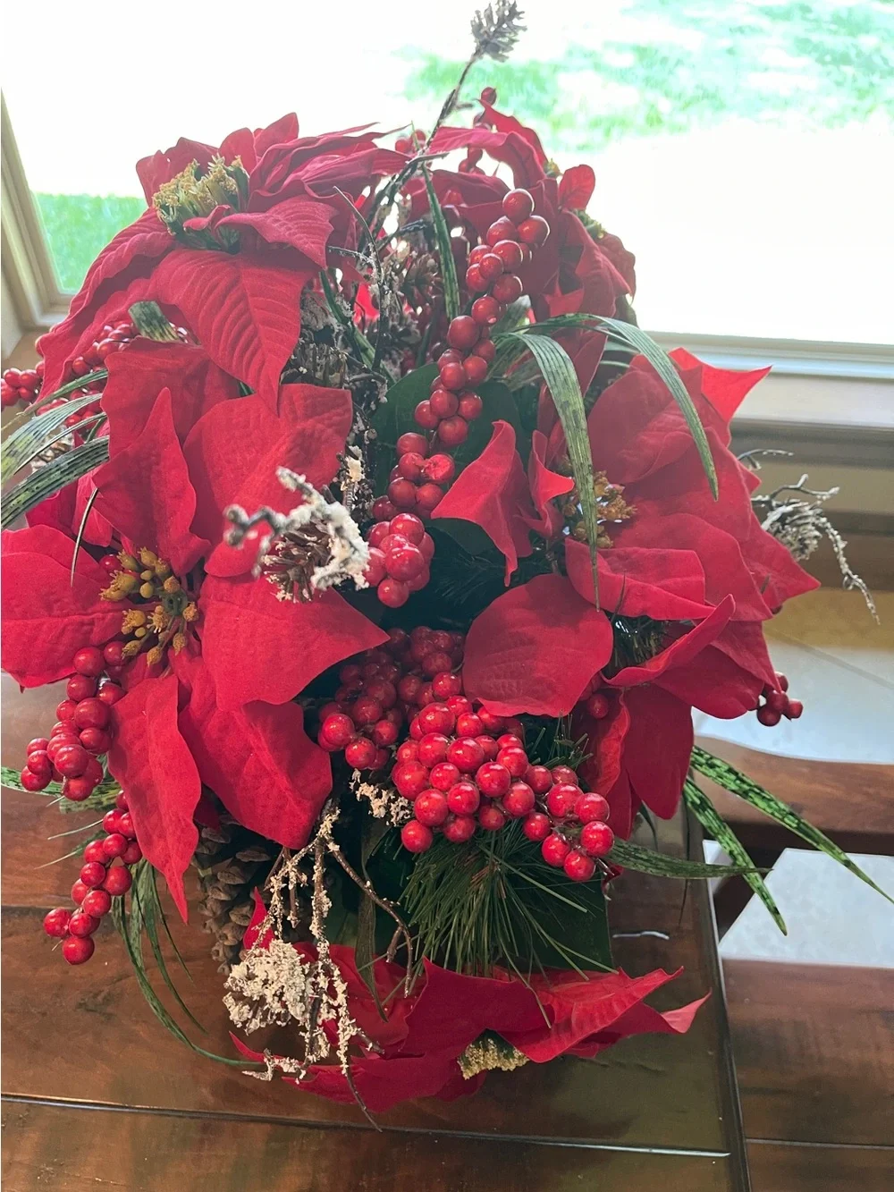 Festive Red Poinsettia Holiday Arrangement - Unbranded with Birch Wrapped Base